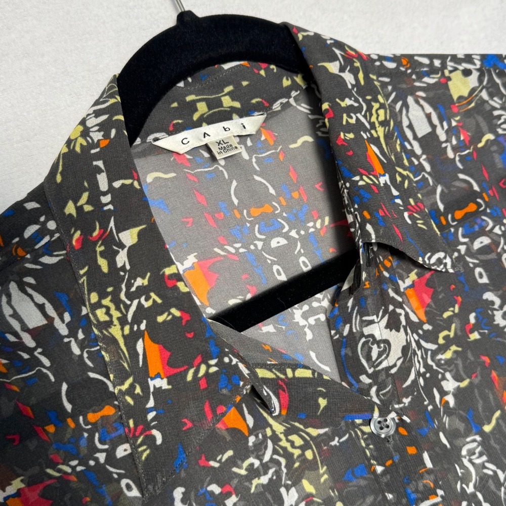 Cabi Womens XL Abstract Geometric Sheer Button Down Blouse Multi-Color